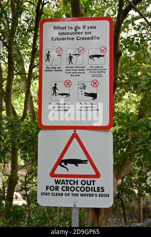 Crocodile warning signs giving safety advice for remaining safe with crocodiles. Stock Photo