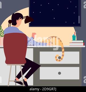 woman with cat in desk with view window night scene vector illustration Stock Vector