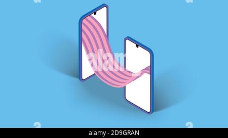 Two mobile phones with blank screen and with a 3D waves of pink and purple between them. Solid, blue background. Stock Vector