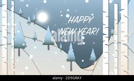 Merry christmas and a happy new year. A post card with pine trees, snow covered trees and hills, written "Happy New Year!" Stock Vector