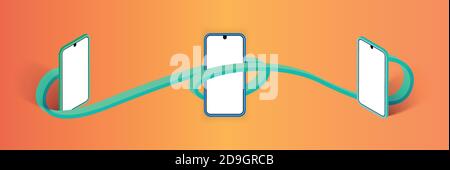 Three mobile phone representations with blank screen and different angles. On a orange yellow gradient background. Stock Vector