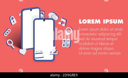 Two 3d phones and icons in soft colors, suitable for app promotion, on red background Stock Vector