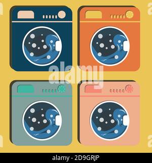 Quadruple set of washing machines in different colors. A working washing machine has bubbles and water inside. Stock Vector