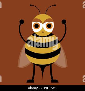 Yellow and black striped bee on a brown solid background with transparent wings holding his hands above. Stock Vector