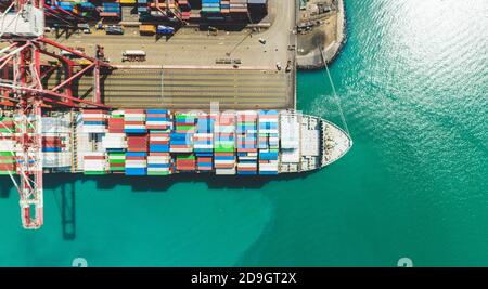 Aerial view container ship carrying container in import export business logistic and transportation of international by container ship in the open sea