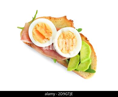 Sandwich with hard boiled egg and avocado on white background Stock Photo