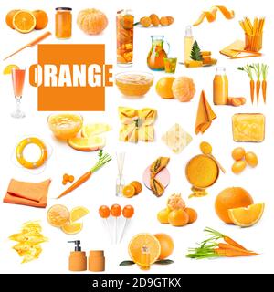 Collage with different orange items on white background Stock Photo