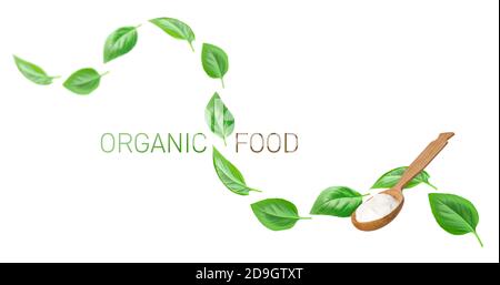 Spoon with tasty sour cream, basil leaves and text "Organic food" on white background Stock Photo