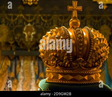Saint-Petersburg, Russia, July 07, 2014: Royal Imperial Crown in the Mariinsky Theatre auditorium the Royal box. Stock Photo