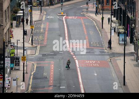 Manchester, UK. 5th Nov, 2020. Photo taken on Nov. 5, 2020 shows empty streets in Manchester, Britain. England entered a month-long lockdown Thursday to quell the resurgence of coronavirus. Credit: Jon Super/Xinhua/Alamy Live News Stock Photo