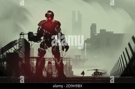 Digital illustration painting design style a giant robot repairing in abandoned dock, against abandoned city. Stock Photo
