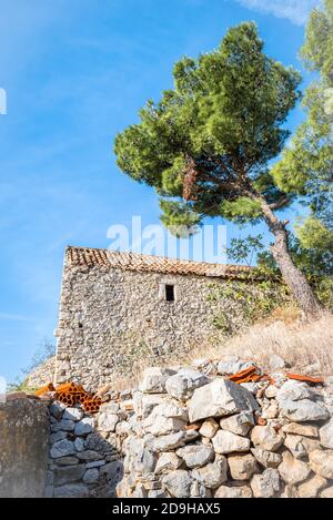 Bottom view of the stone wall, stone building and tree against the sky with clouds in Skradin, Croatia Stock Photo