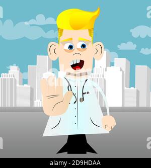 Funny cartoon doctor showing deny or refuse hand gesture. Vector ...