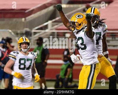 Santa Clara, CA, USA. 5th Nov, 2020. Green Bay Packers wide receiver Marquez Valdes-Scantling (83) celebrates touchdown with teammates In the second quarter during a game at Levi's Stadium on Thursday, Nov 5, 2020 in Santa Clara. Credit: Paul Kitagaki Jr./ZUMA Wire/Alamy Live News Stock Photo