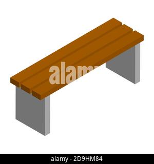 Simple brown city bench in isometric view isolated on white. Concrete base and wooden seat. Stock Photo