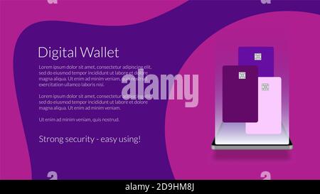 E-wallet concept on mobile phone. All credit cards in mobile electronic wallet on the smartphone. Template for a website or banner. Stock Photo