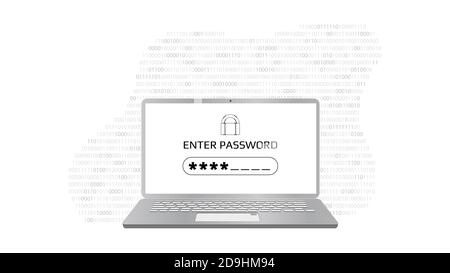 Enter password concept screen with a password box and asterisks on laptop screen. Stock Photo