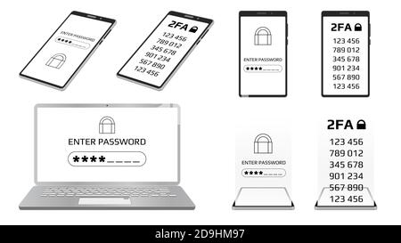 Set of concept of 2FA two-factor authentication and Enter password concept on laptop and smartphone screen. Protecting your money with codes. Stock Photo