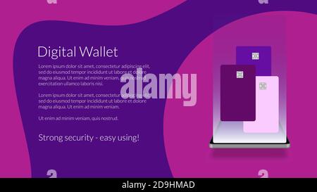 E-wallet concept on mobile phone. All credit cards in mobile electronic wallet on the smartphone. Template for a website or banner. Vector. Stock Vector