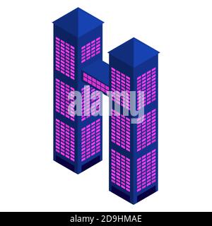 Isometric buildings of two skyscrapers connected by a passage at the top isolated on white. Modern palette. Vector EPS10. Stock Vector