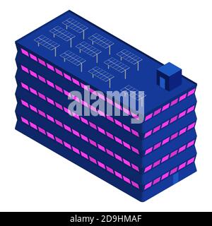 Isometric building with solar panels on the roof in modern palette isolated on white. Residential building or hotel. Vector EPS10. Stock Vector