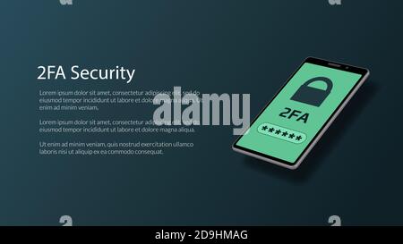 2FA two-factor authentication with padlock on isometric smartphone screen. Protecting your money. Unlocking via mobile phone. Vector illustration. Stock Vector