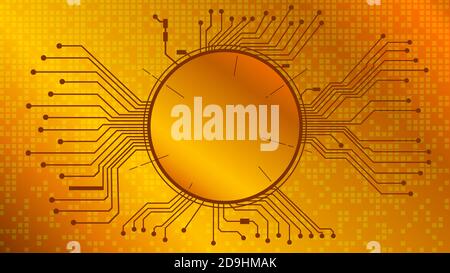 Golden digital circle with circuit board tracks on golden background. Blank for logo or symbol in the center of the circle. Vector EPS10. Stock Vector