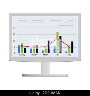Monitor with graphs and charts on the screen isolated on white. Front view. Vector EPS10. Stock Vector