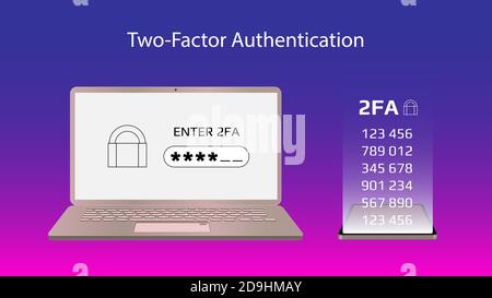 Concept of 2FA two-factor authentication with a laptop and codes on a smartphone. Protecting your money. Unlocking via mobile phone. Vector. Stock Vector