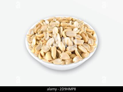 salted peanuts closeup, Snacks, nuts and chips. Peeled salted isolated on white background, roasted peanuts, Arranged peanuts peeled, half peanut, Roa Stock Photo