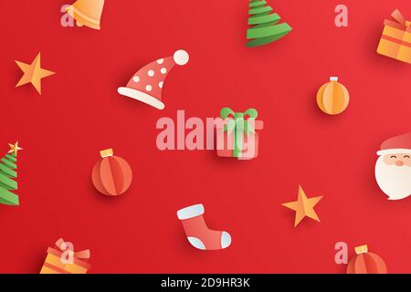 Christmas with objects and element in paper art style on red background. Stock Vector