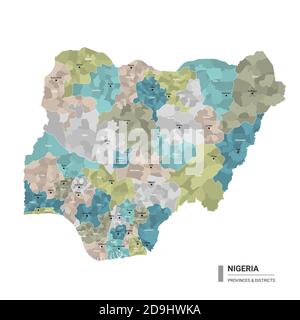 Nigeria higt detailed map with subdivisions. Administrative map of Nigeria with districts and cities name, colored by states and administrative distri Stock Vector