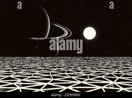 Retro dotwork landscape with 80s styled cracked land, planet with rings and sun on the background from old sci-fi book or poster. Stock Vector