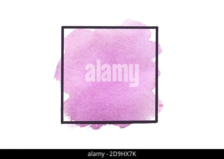 violet brush strokes watercolor paint in black fame isolated on white background. Copy space. Stock Photo