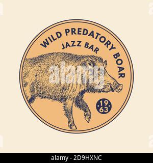 Wild animals stickers in vintage style. Forest Boar. Retro monochrome badge or label. Northern European Beasts. Hand drawn sketch. Stock Vector