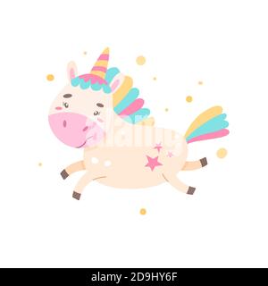 Cheerful rainbow unicorn is running. Simple illustration on an isolated  background. Can be used as a design for stationery, clothing prints Stock  Photo - Alamy