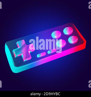 Gamepad - abstract retro game console controller. Outline vector illustration of wireless video game joystick in 3d line art style on neon abstract ba Stock Vector