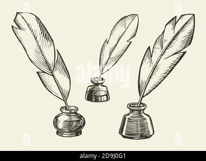 Inkwell with ink pen sketch. Poetry, education symbol vintage vector illustration Stock Vector