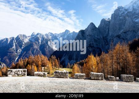 An empty winding asphalt road curving through a spectacular mountain pass surrounded by golden autumn larch trees on Vrsic Pass, Slovenia. Stock Photo