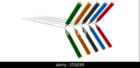 Colorful (Red, blue, black, orange and green) Pen or pencils, lines and shadows. 3D rendering. Stock Photo