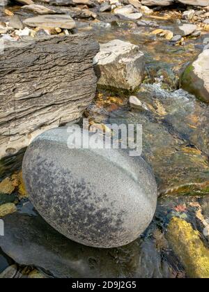 Large, smooth  round, oval, egg-shaped rock on Boreraig Beach, Isle of Skye, Scotland, UK Stock Photo