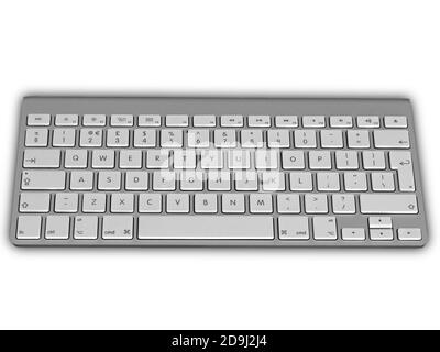 Apple Magic wireless Bluetooth computer UK English QWERTY keyboard with white keys and silver anodised Aluminium metal body on white background Stock Photo