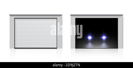 Modern garage house door set. Realistic entrance gate to room, home, parking space. Closed, opening, open front automatic door vector illustration Stock Vector