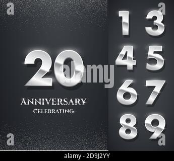 Silver anniversary logo with numbers template. 20th birthday, jubilee or wedding anniversary vector illustration. Invitation to celebrate. Shiny Stock Vector