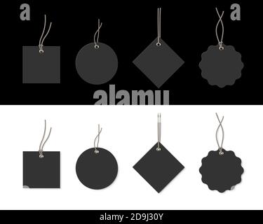 Black price or label tags mockup template set. Blank cards with strings for gifts or sales of different shapes: round, rectangle, square. Stickers on Stock Vector