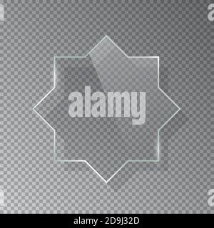 Transparent glass star with blue frame abstract background. Crystal glowing shape, shiny light reflection. Bright blank graphic vector illustration Stock Vector