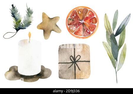 artistic watercolor christmas and new year decoration elemetn collection isolated on white background. Hand drawn xmas decoration element set. Stock Photo