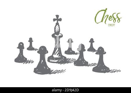Vector hand drawn chess concept sketch. Chess king between many pawns on chessboard. Lettering Chess concept Stock Vector