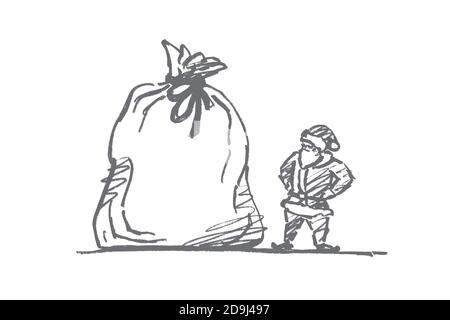Vector hand drawn Christmas concept sketch. Santa Claus standing and looking at huge tied bag with presents Stock Vector
