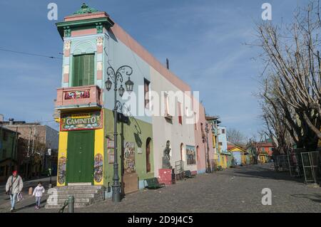 BUENOS AIRES, ARGENTINA - Oct 11, 2015: A rare view of Caminito St. the touristic landmark in La Boca, early in the morning, with almost no people. Wi Stock Photo